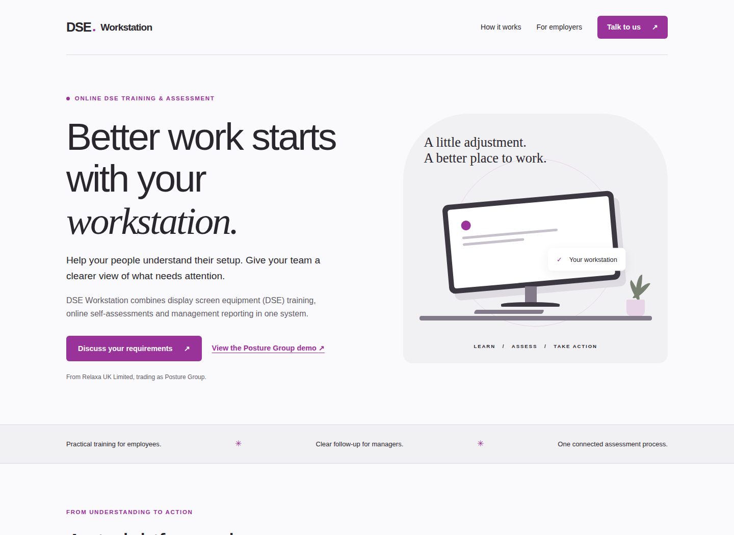 DSE Workstation public marketing website, featuring its purple branding and workstation illustration