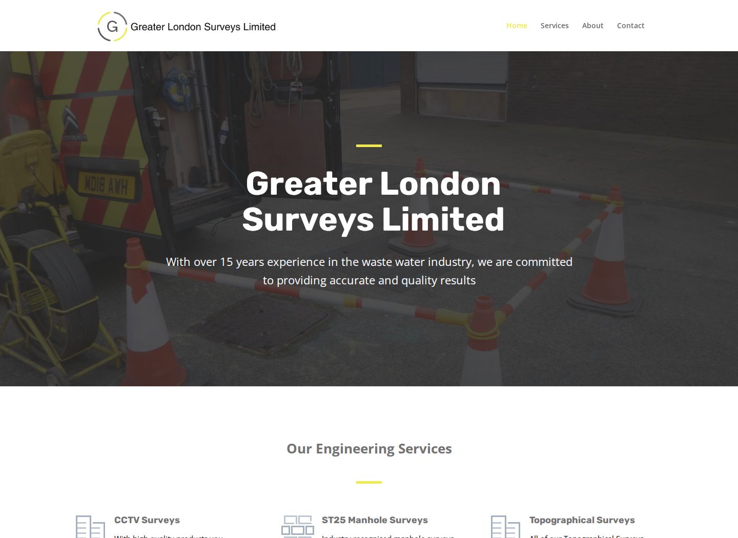 Greater London Surveys homepage with its company logo, yellow accents and survey equipment photograph