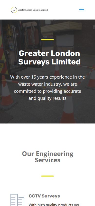 Greater London Surveys mobile homepage with compact navigation and stacked introduction and service sections