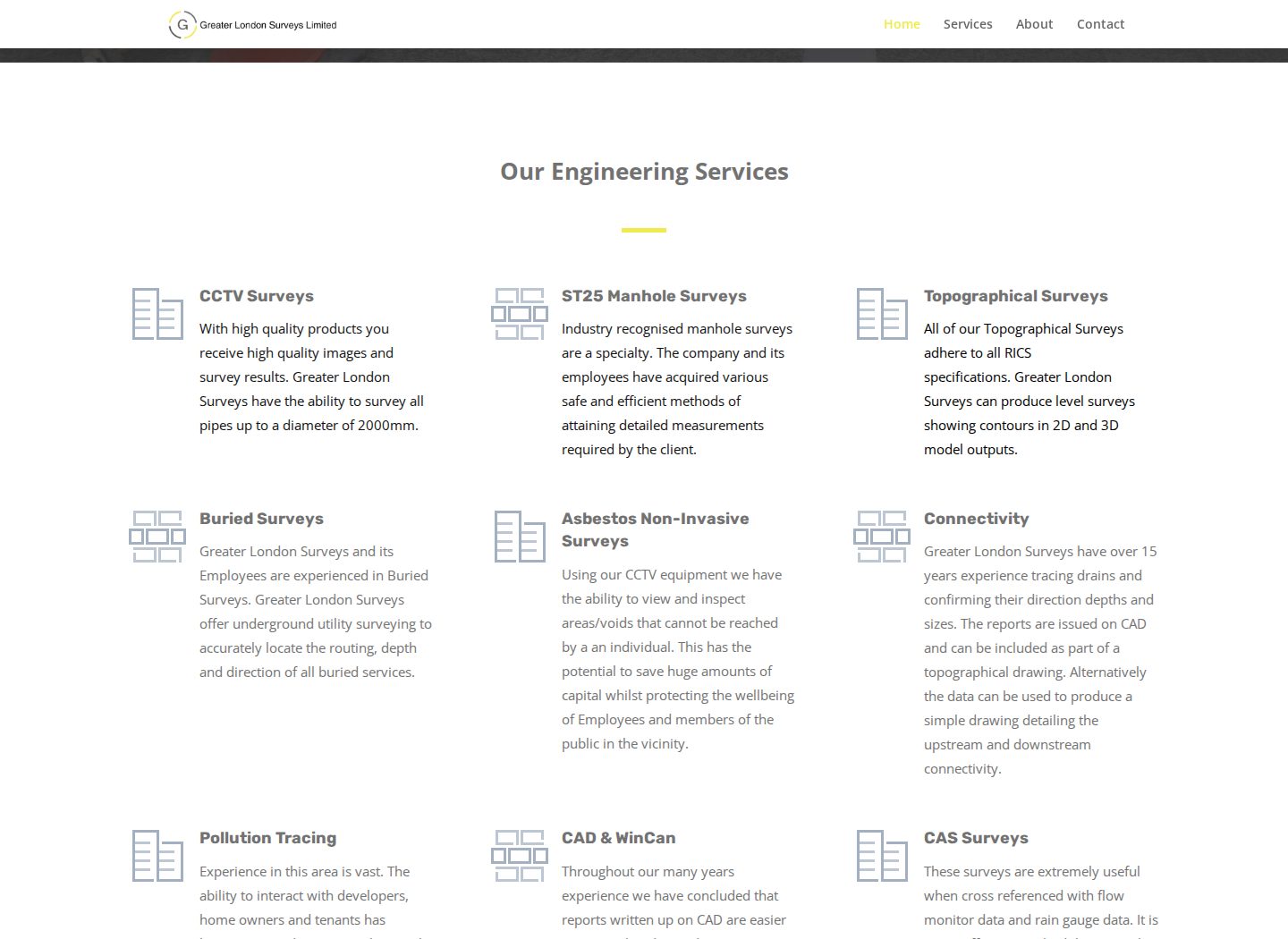 Greater London Surveys engineering services section with named surveying services in a desktop grid