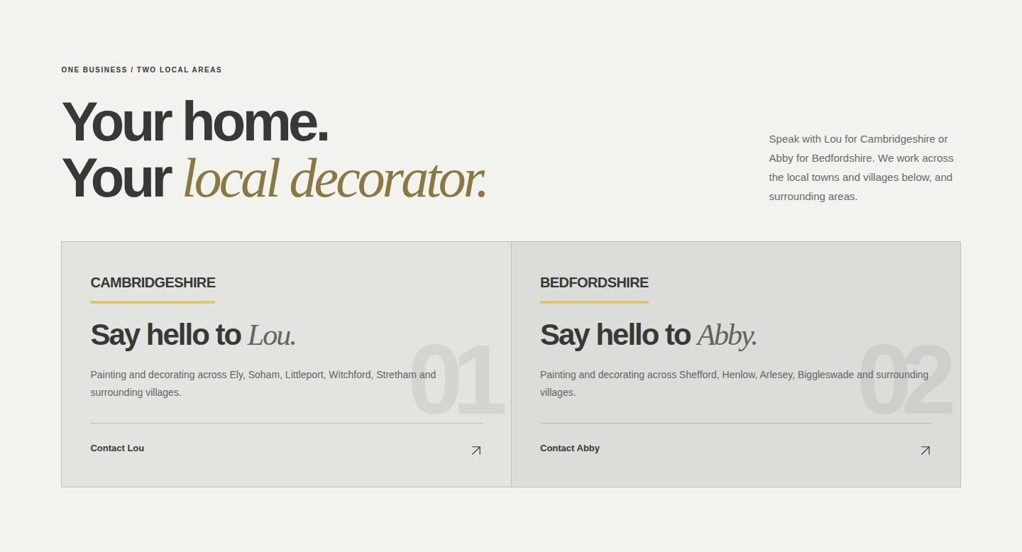 Screenshot of the Lou’s Decor local-area section directing Cambridgeshire visitors to Lou and Bedfordshire visitors to Abby