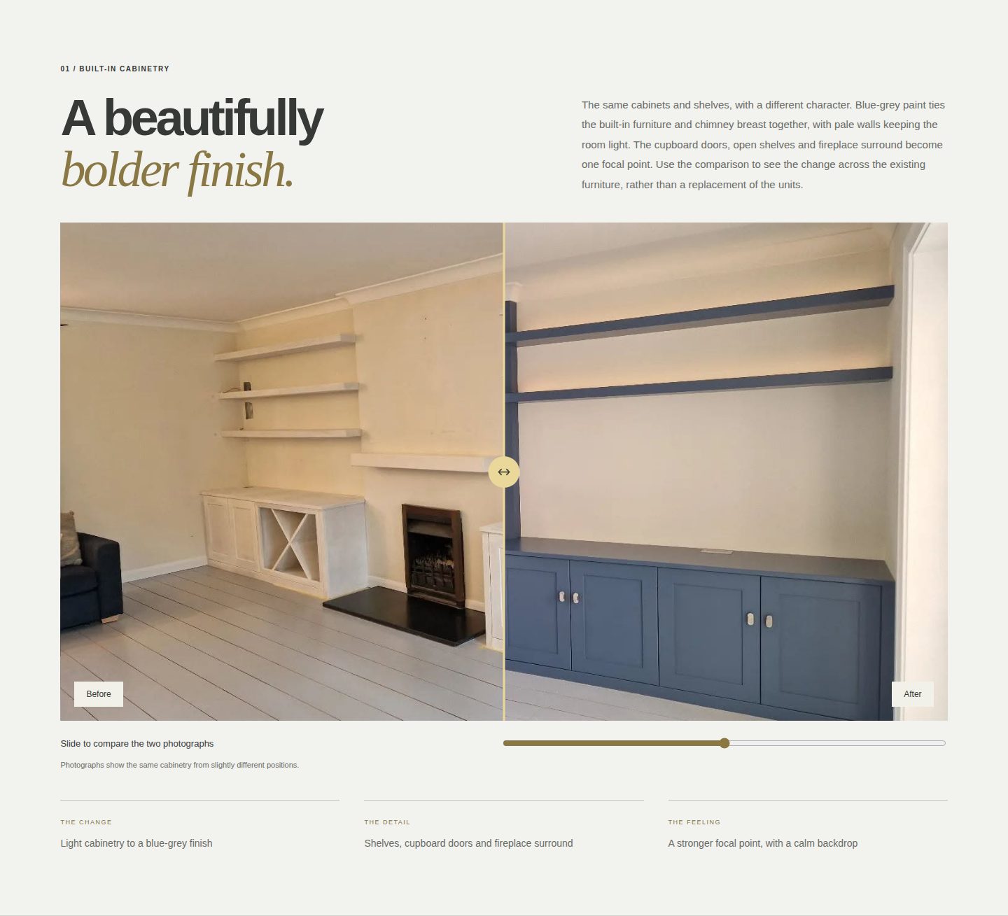 Screenshot of the Lou’s Decor Projects page showing the original and redecorated cabinetry with a before-and-after comparison slider