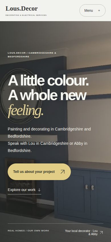 Lou's Decor homepage on mobile, showing responsive typography and its project enquiry link