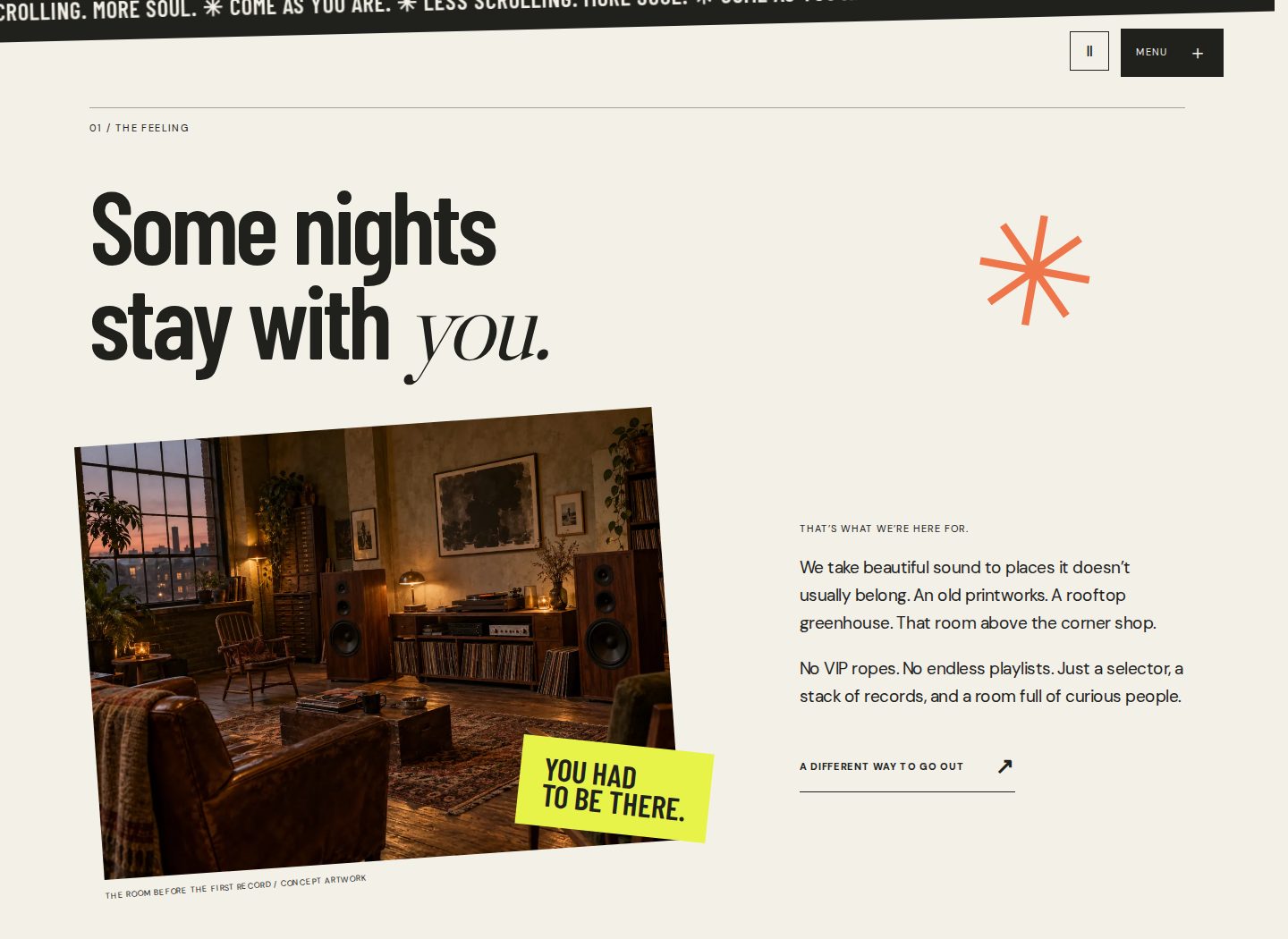 Offbeat’s The Feeling section with editorial typography and artwork of an imagined listening room