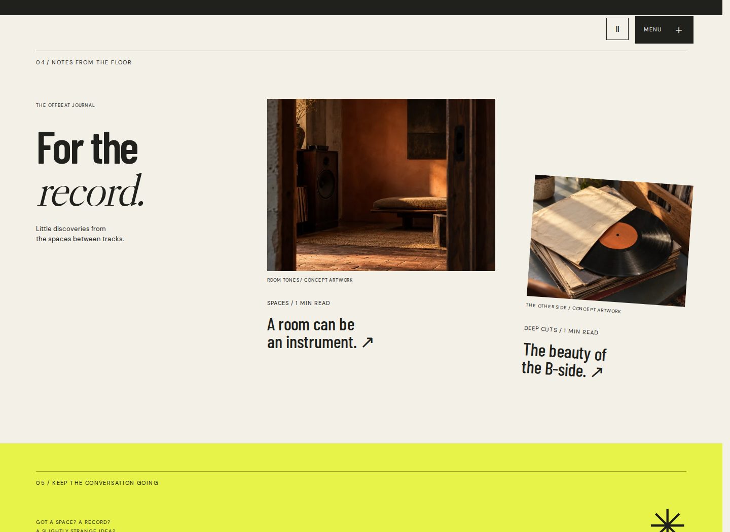 Offbeat journal section with contrasting type sizes and concept artwork for its reading entries