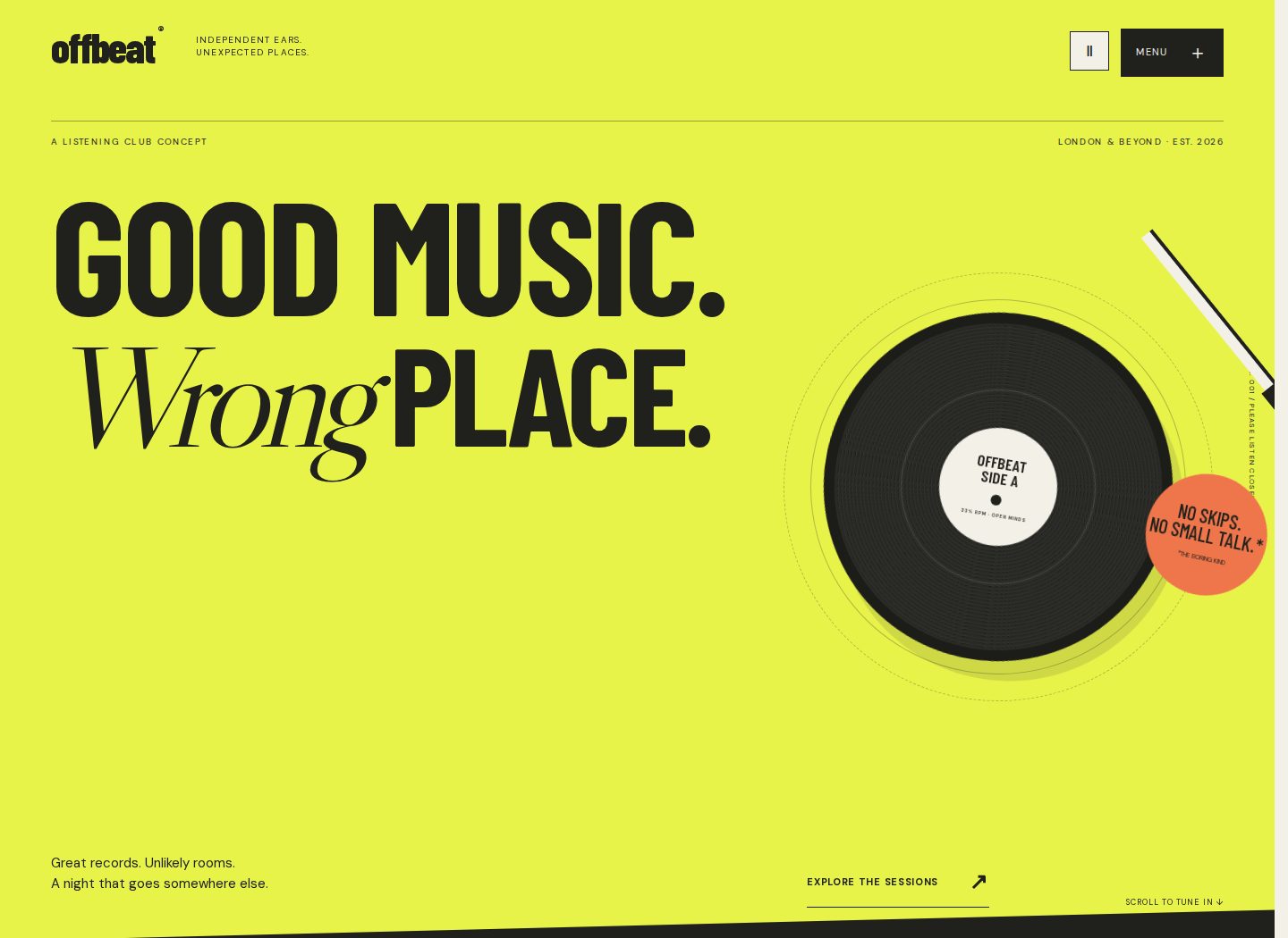 The finished Offbeat website with lime background, oversized Good Music Wrong Place typography and a vinyl record illustration