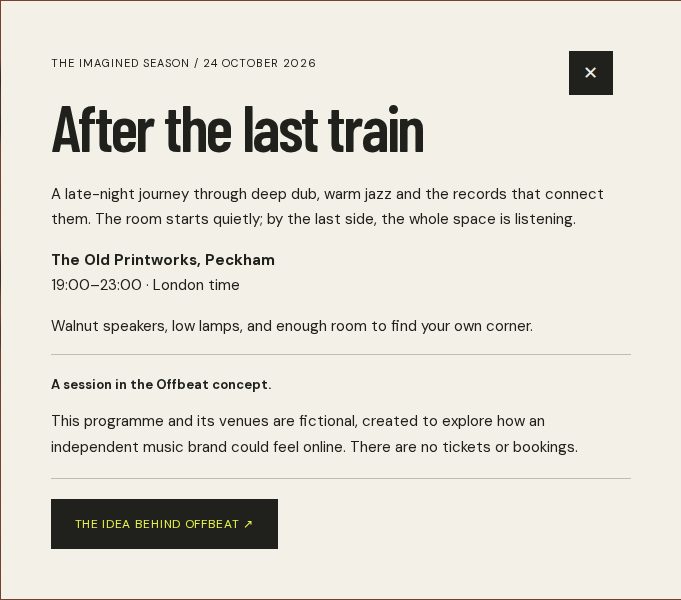 The live Offbeat session detail dialog with its explicit fictional programme disclosure