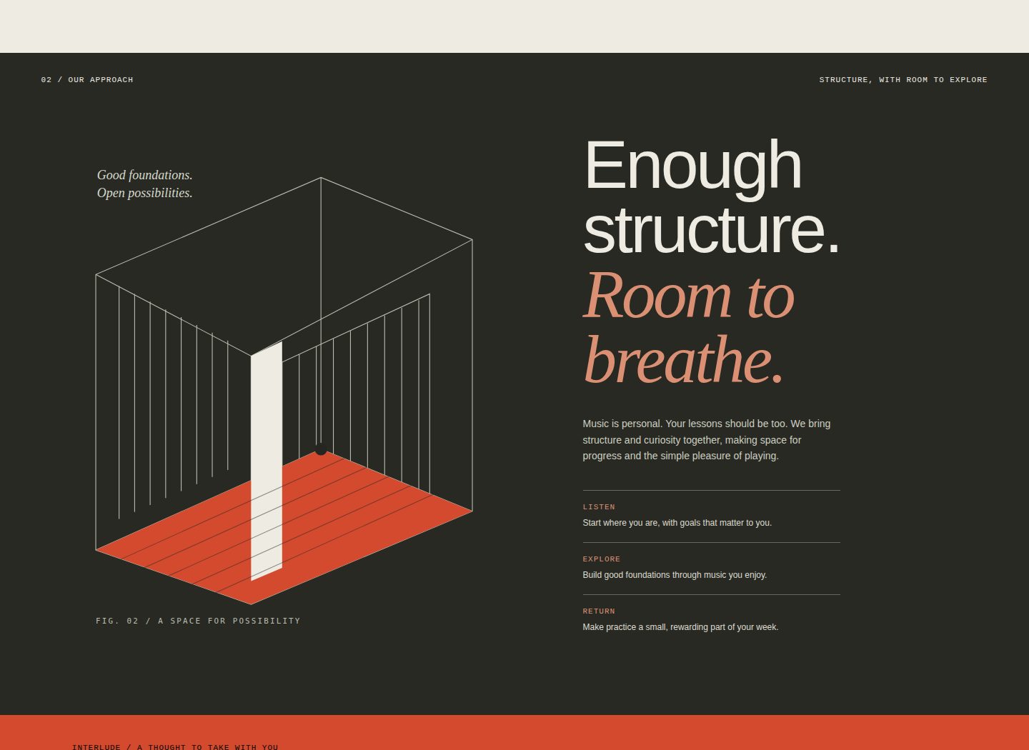 Piano Room’s Our approach section with architectural illustration and oversized Enough structure Room to breathe typography