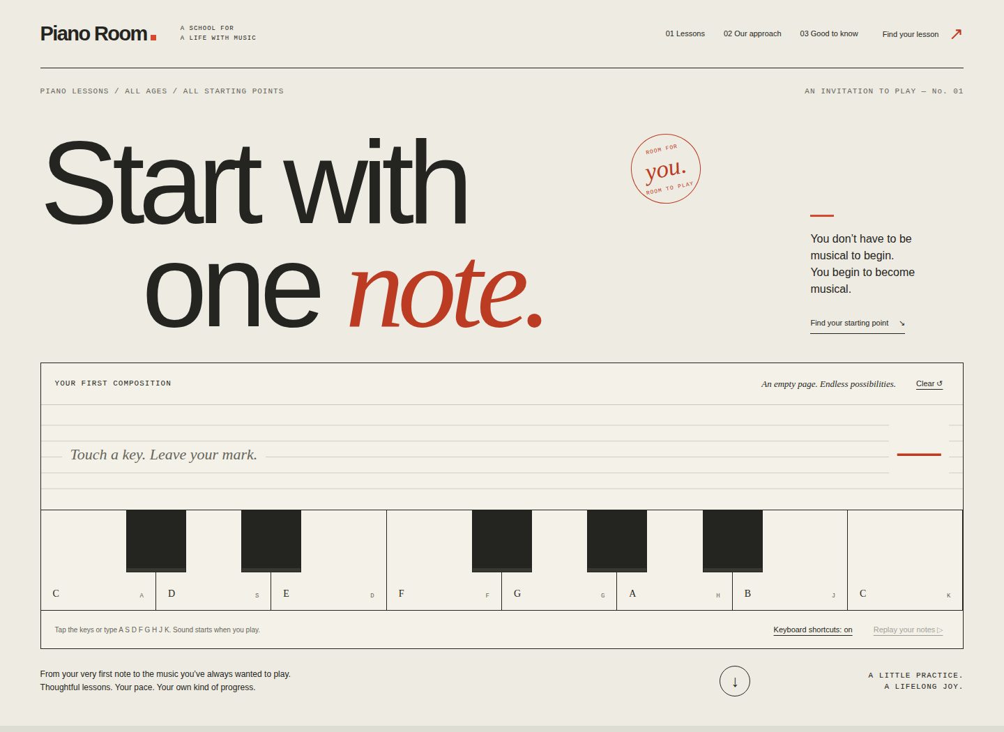 Piano Room homepage with oversized Start with one note typography, vermilion accents and an interactive piano