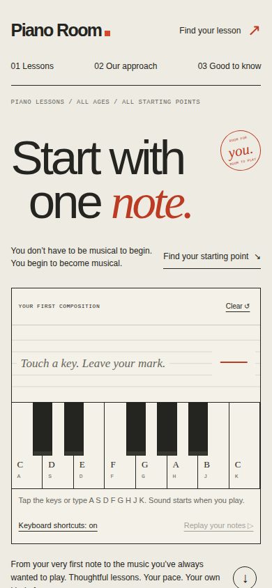 Piano Room’s responsive homepage and playable piano on a mobile screen