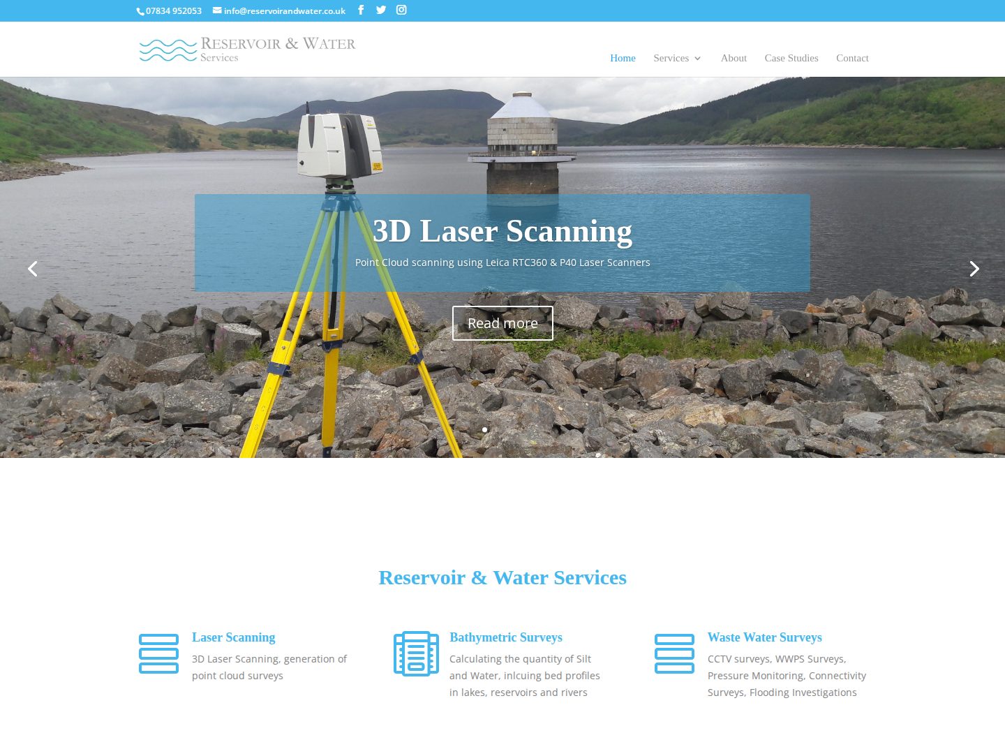Reservoir & Water homepage with blue branding and laser surveying equipment beside a reservoir