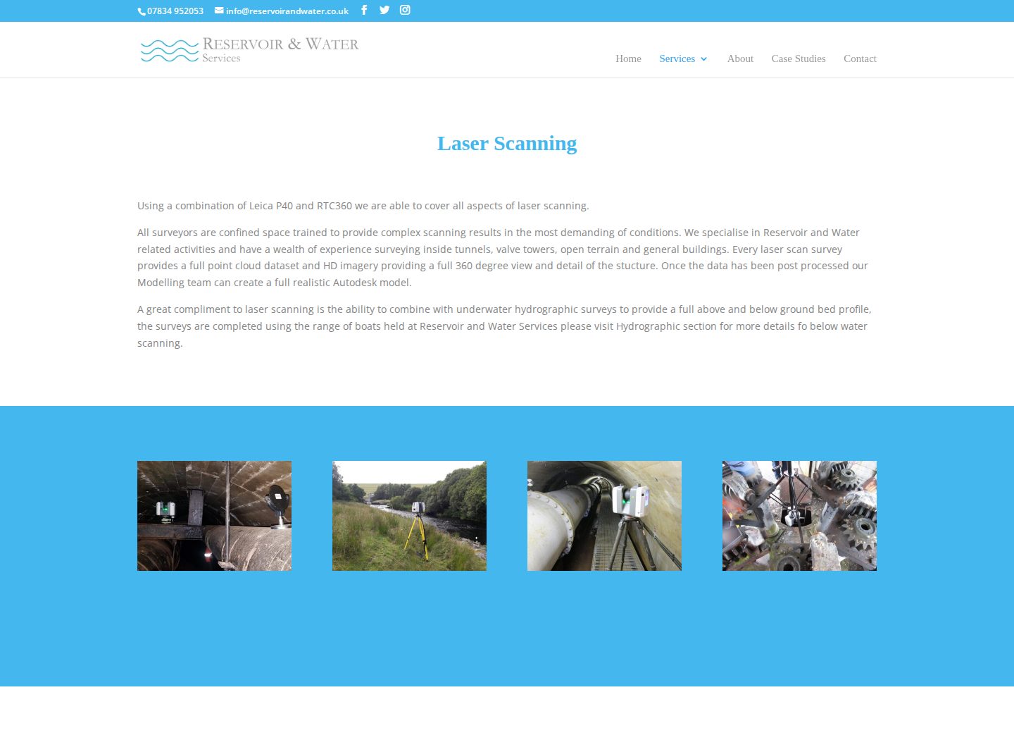 Reservoir & Water laser scanning service page with technical information and survey imagery