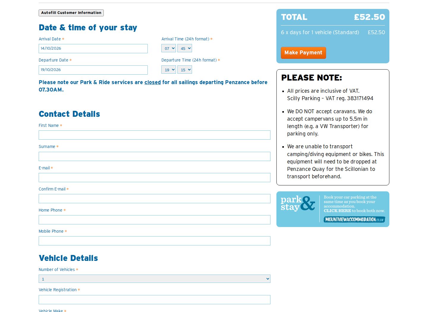 Scilly Parking booking engine with arrival and departure controls, date and time selection and a calculated cost summary
