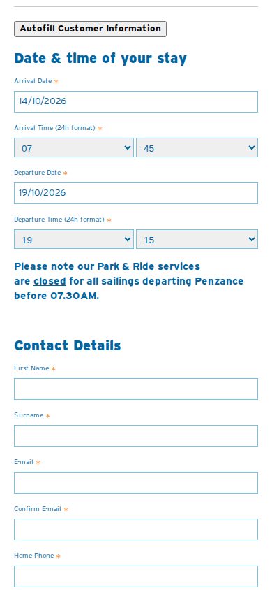 The genuine Scilly Parking booking form in its mobile layout, showing date and time selection