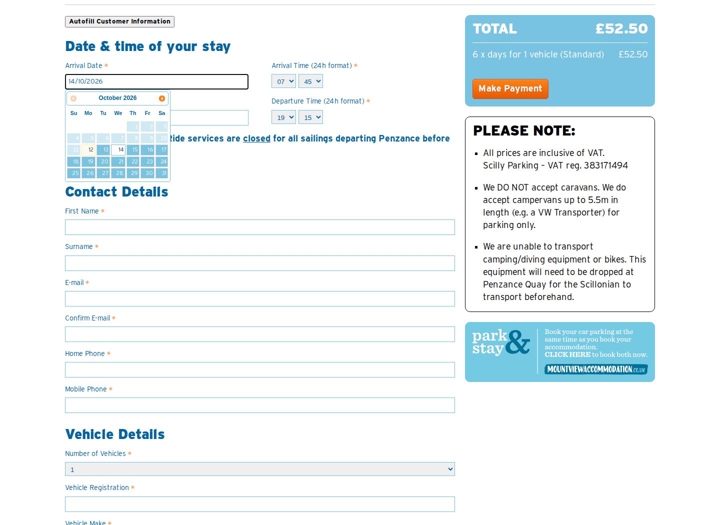 Scilly Parking date picker open above the booking form with the live cost summary alongside
