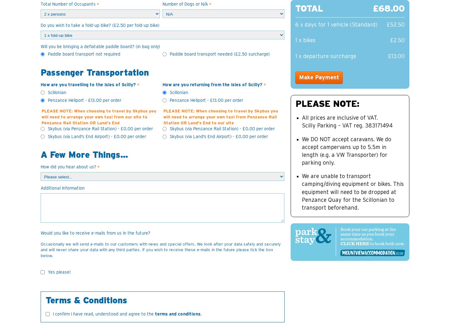 Scilly Parking passenger and travel choices with a quote including a fold-up bike and heliport surcharge