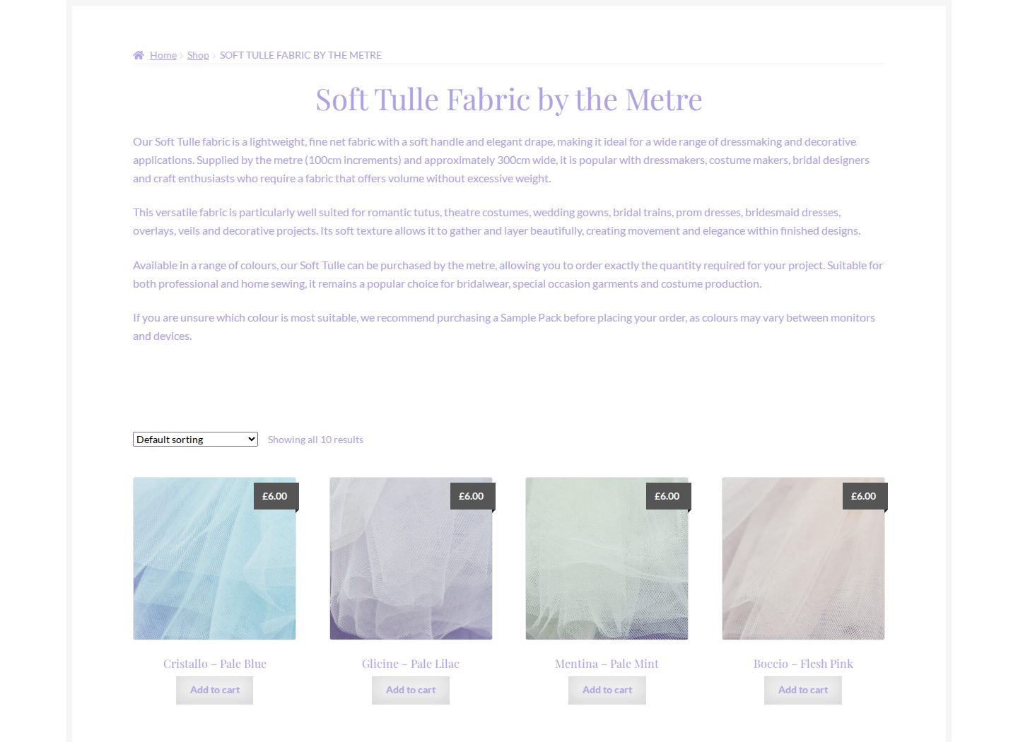Desktop soft tulle category listing on Tutu Neto & Notions with fabric photographs and prices
