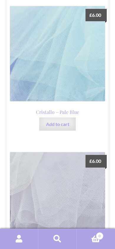 The live soft tulle category listing on mobile, showing fabric products and prices