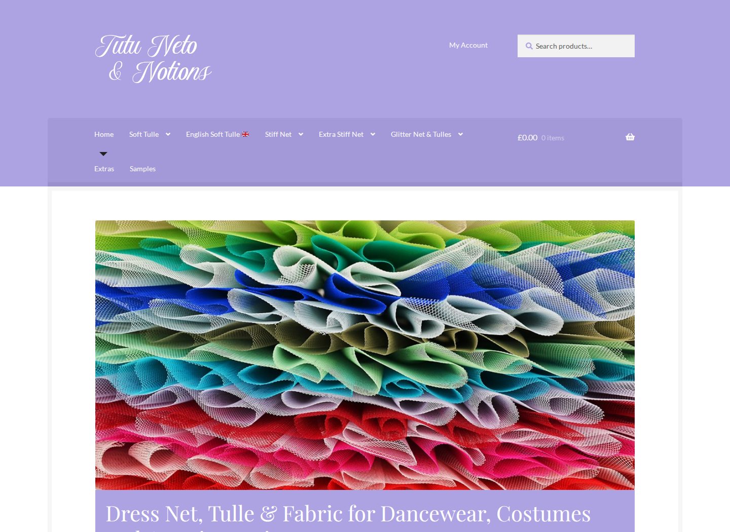 Tutu Neto & Notions homepage with its lilac header and colourful net fabric photograph
