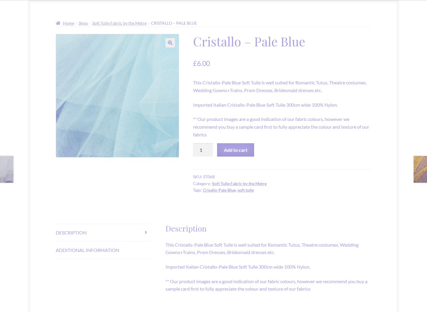 Cristallo Pale Blue soft tulle product page with fabric image, price and purchase controls