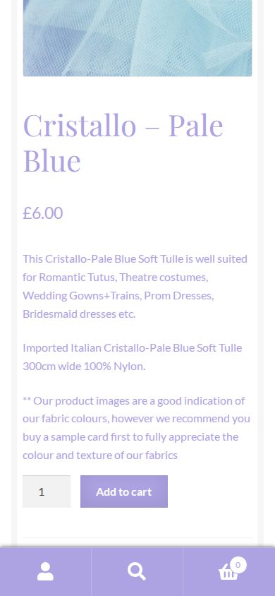 Cristallo Pale Blue product page captured in the live shop’s mobile layout